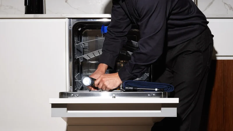 Lavastoviglie aperta con cestello inferiore rimosso e zona pompa in controllo