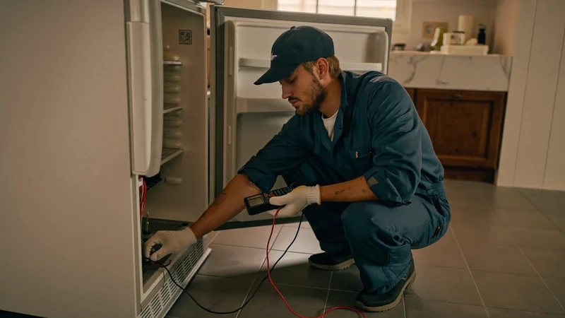 Tecnico dietro un frigorifero mentre controlla il compressore con un multimetro