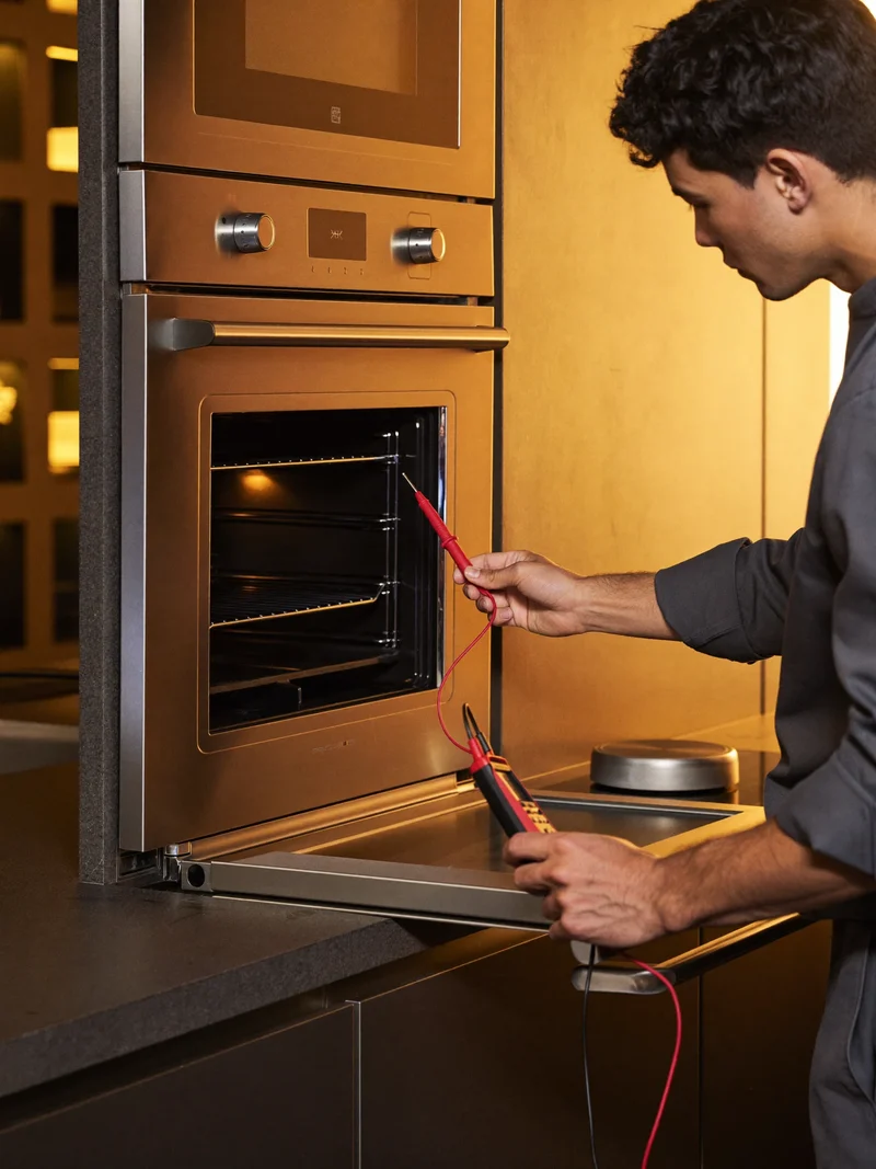 Forno da incasso con pannello comandi aperto e resistenza in fase di test